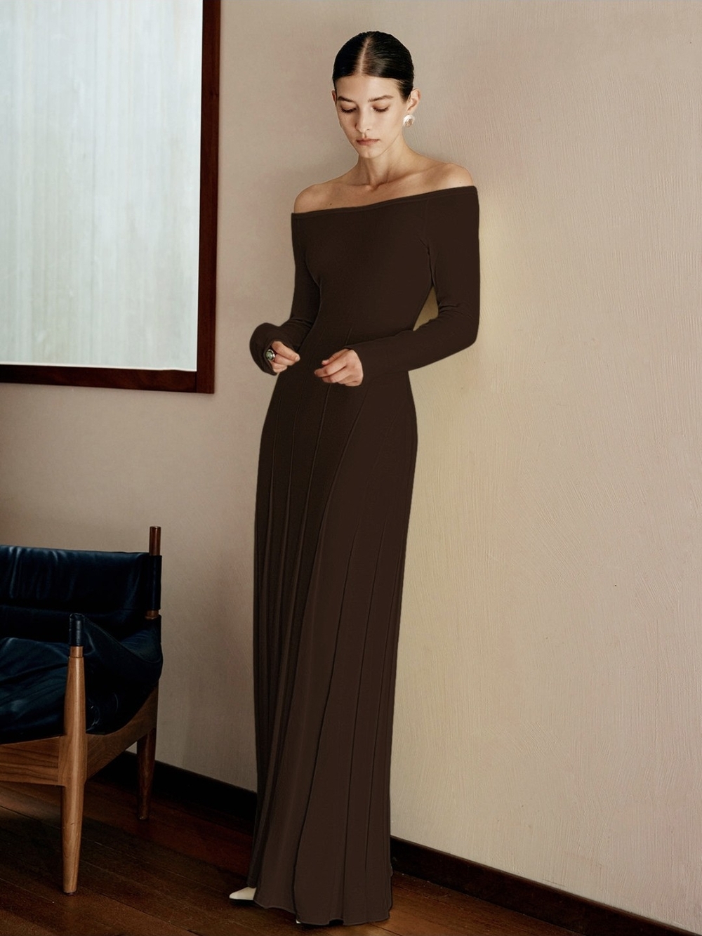 Commense Off-Shoulder Long Sleeve Maxi Dress in Brown